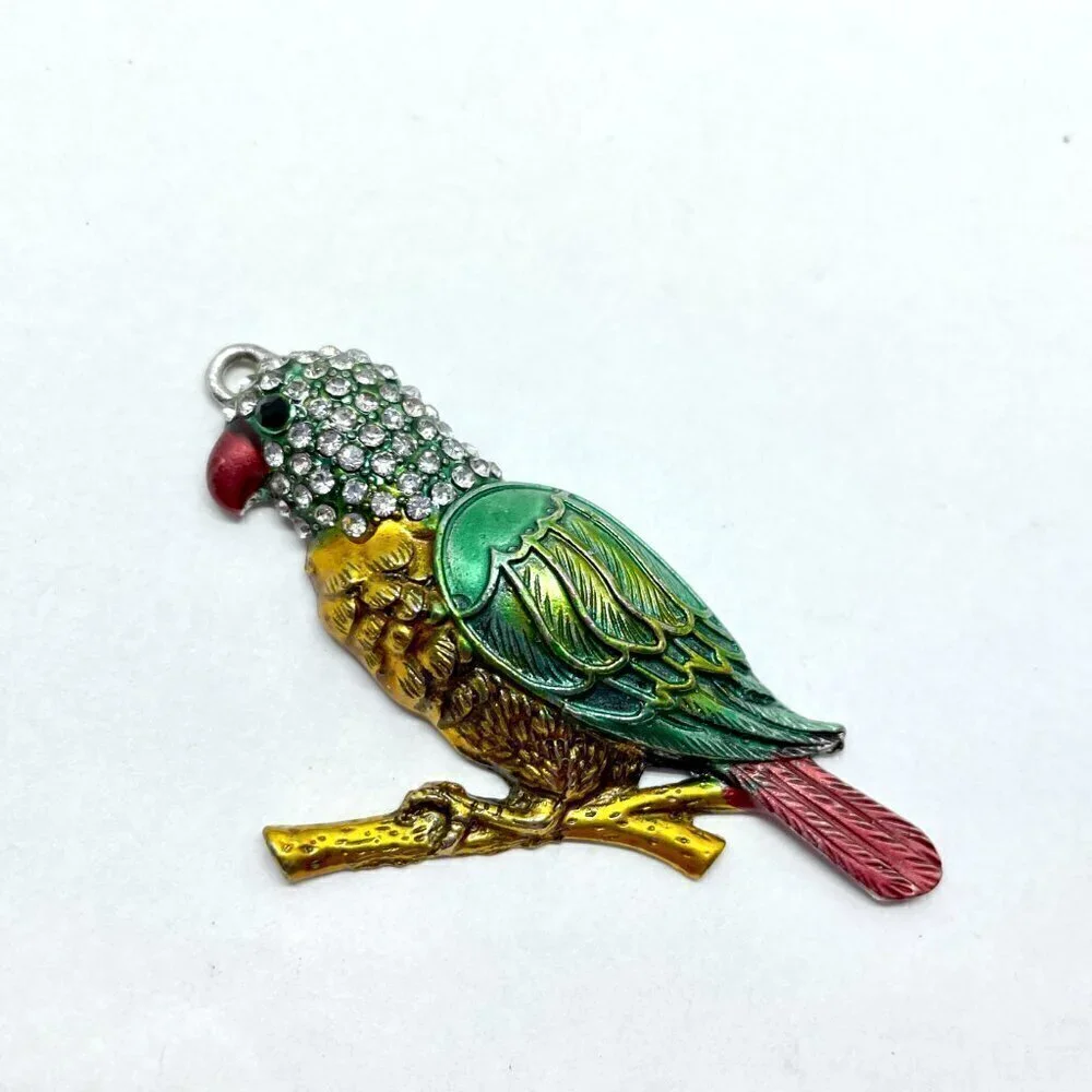 Colorful Parrot Pendant Bling Rhinestones Silver Tone Metal No Chain